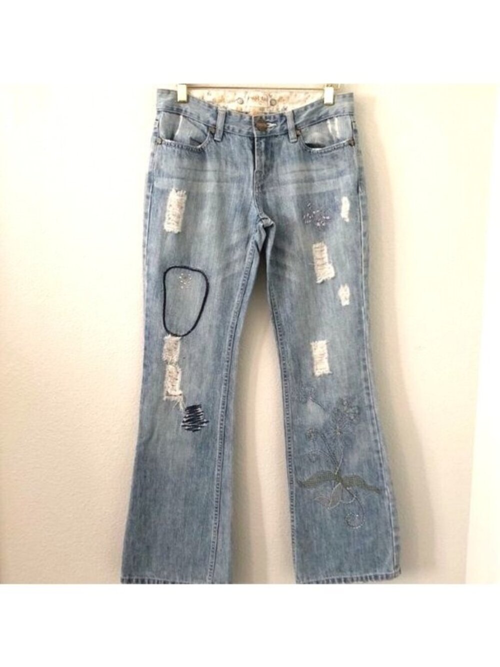 Cest Toi Embroidered Distressed Wide Leg Flare Jeans Jr Size 3 Blue Denim Boho